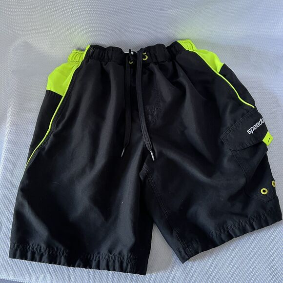 Speedo Swim Trunks Mens Small Black Green Board Shorts Pockets Mesh Briefs - Picture 1 of 5